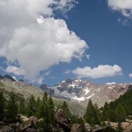 La vista sul versante meridionale del Monte Disgrazia salendo al Passo di Corna Rossa dalla Piana di Preda Rossa.